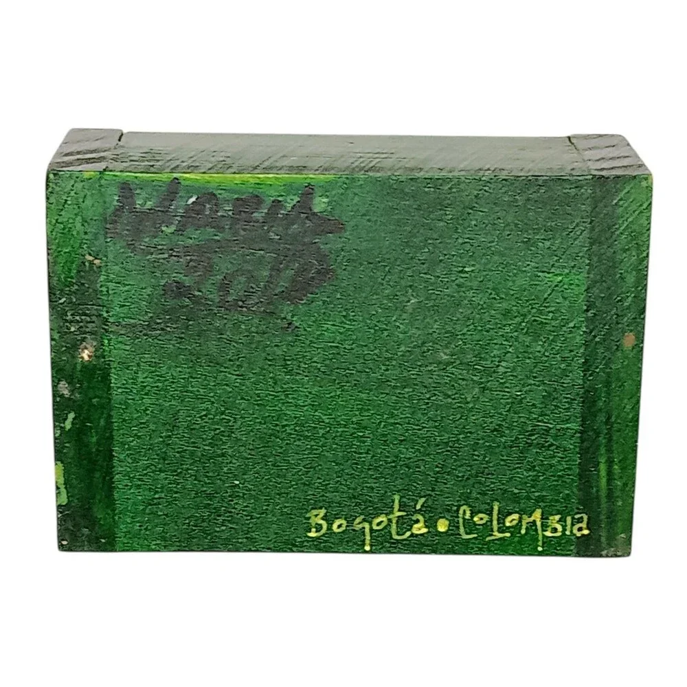 Vintage Carved Wood Trinket Box Green Red Brown With Sun From Colombia 3x2x1.25